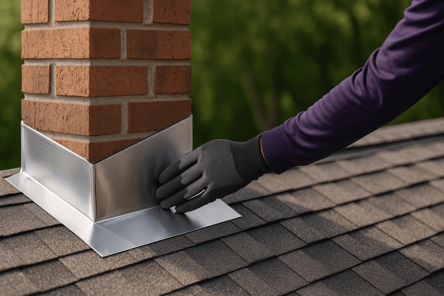 Close-up of new chimney flashing installed on roof