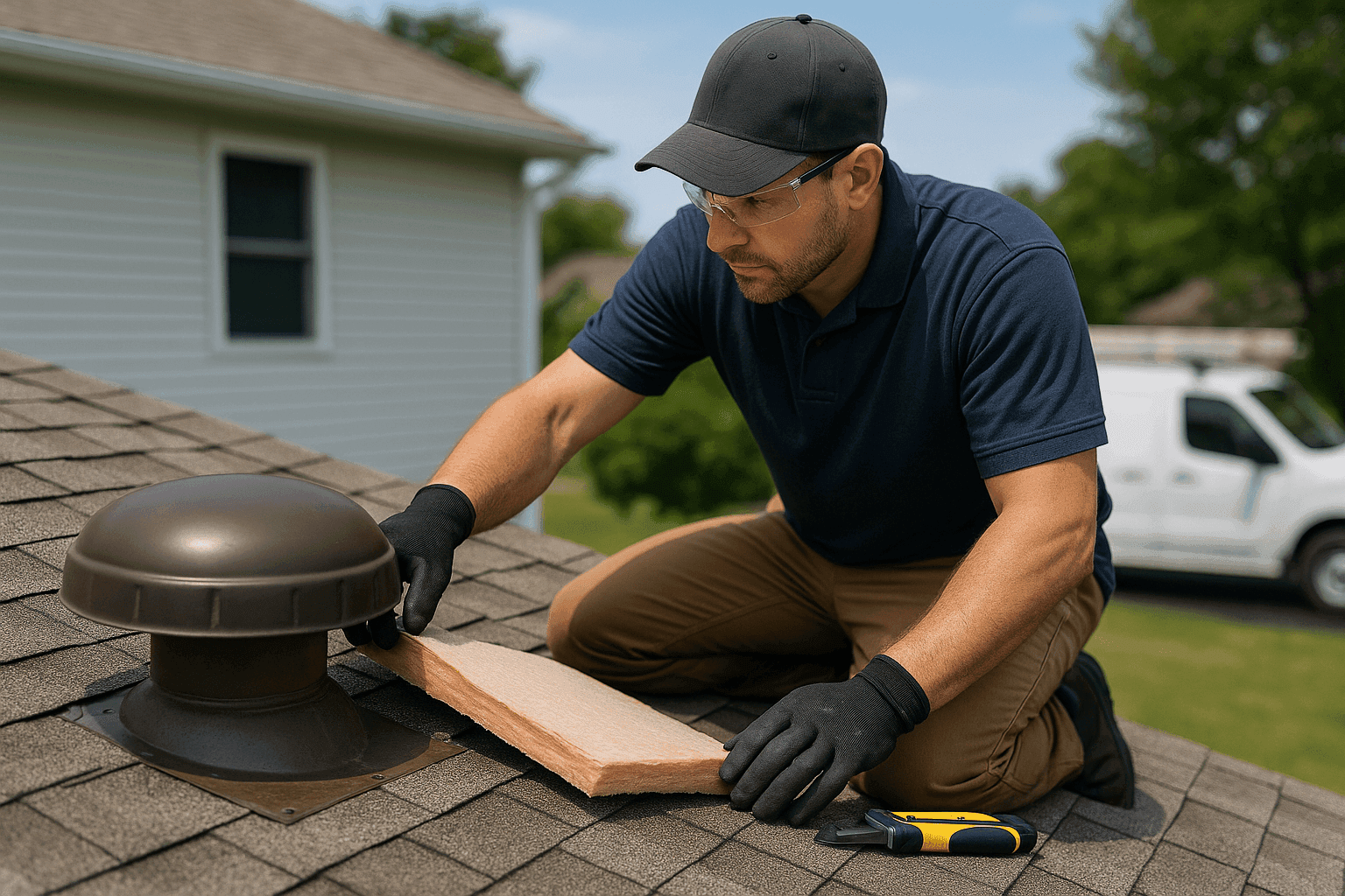 Roofing technician examining roof ventilation and insulation on a residential building