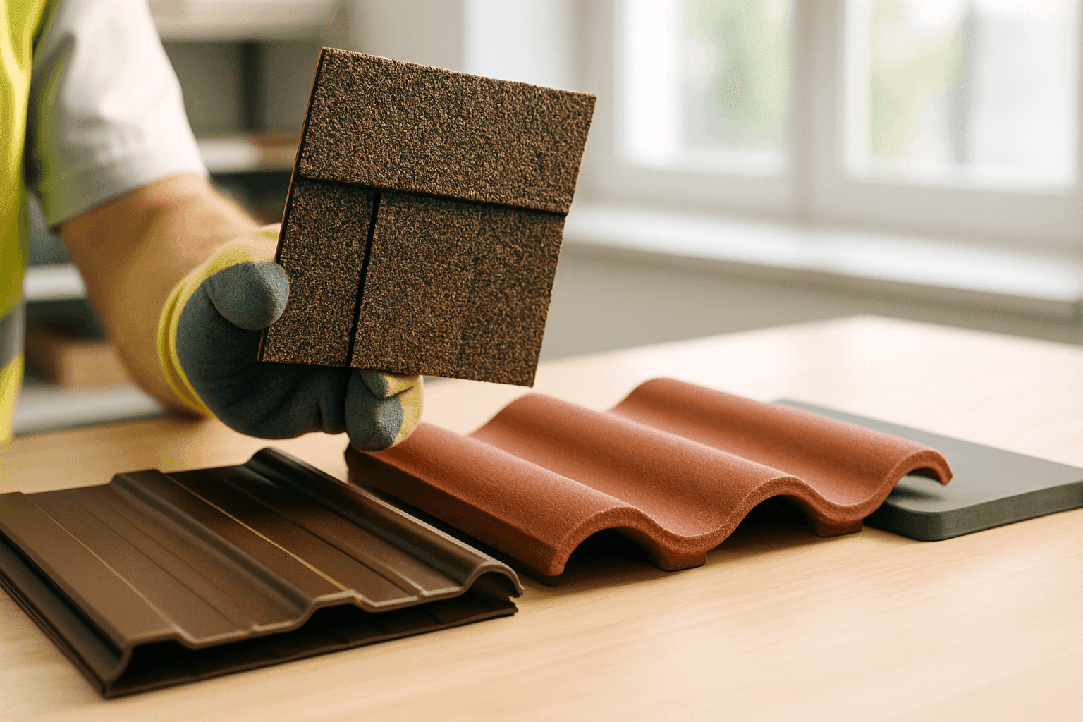 Samples of shingle, metal, tile, and flat roofing laid out on table