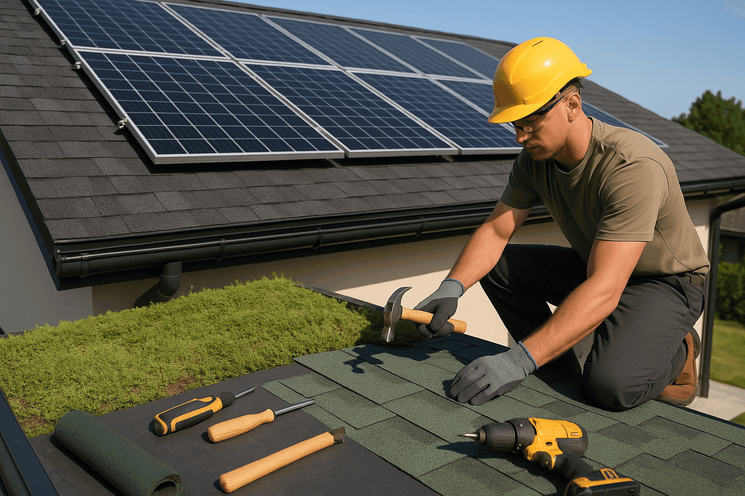 Eco-friendly roofing with solar panels and sustainable materials on a residential home