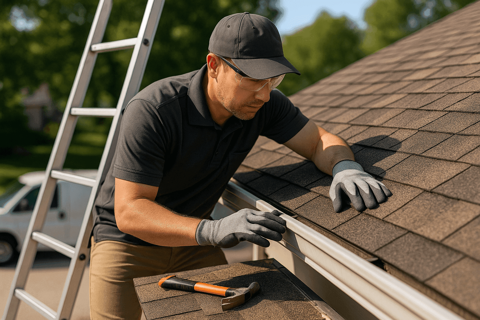 Professional roofer inspecting shingles and gutters on a residential roof