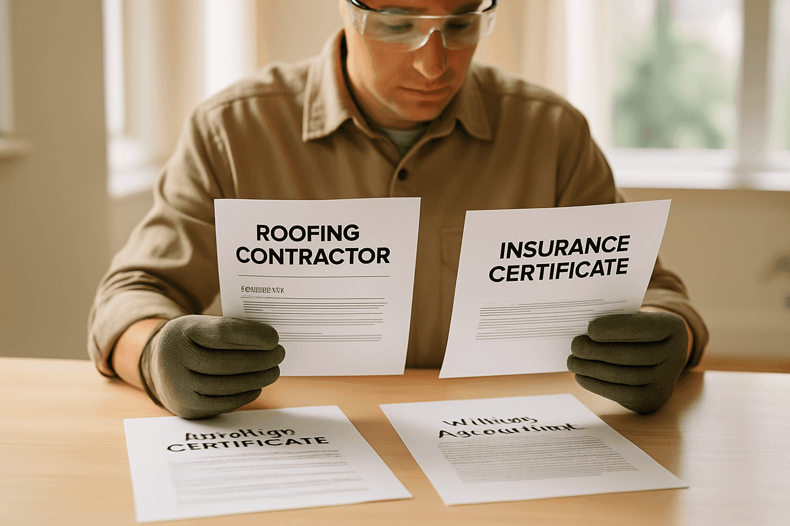 Homeowner reviewing roofing contractor credentials and agreement