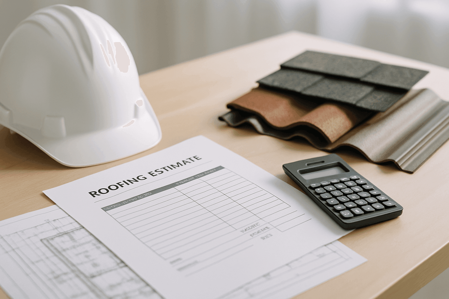 Roofing estimate paperwork and calculator on desk with blueprint