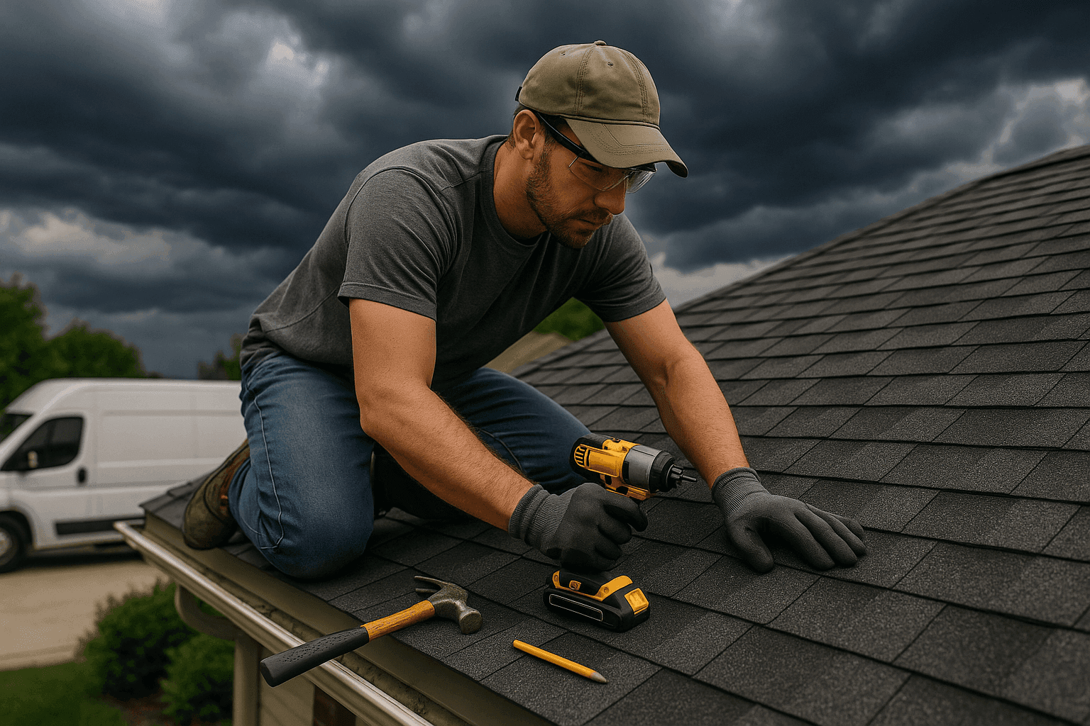 Homeowner inspecting roof under threatening storm clouds