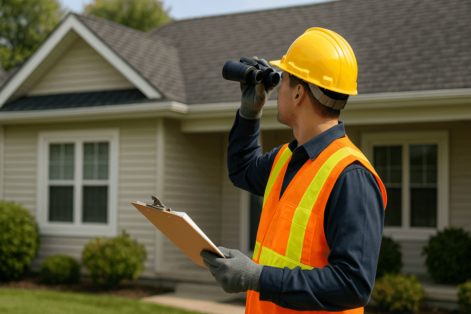Homeowner using checklist for roof inspection with binoculars
