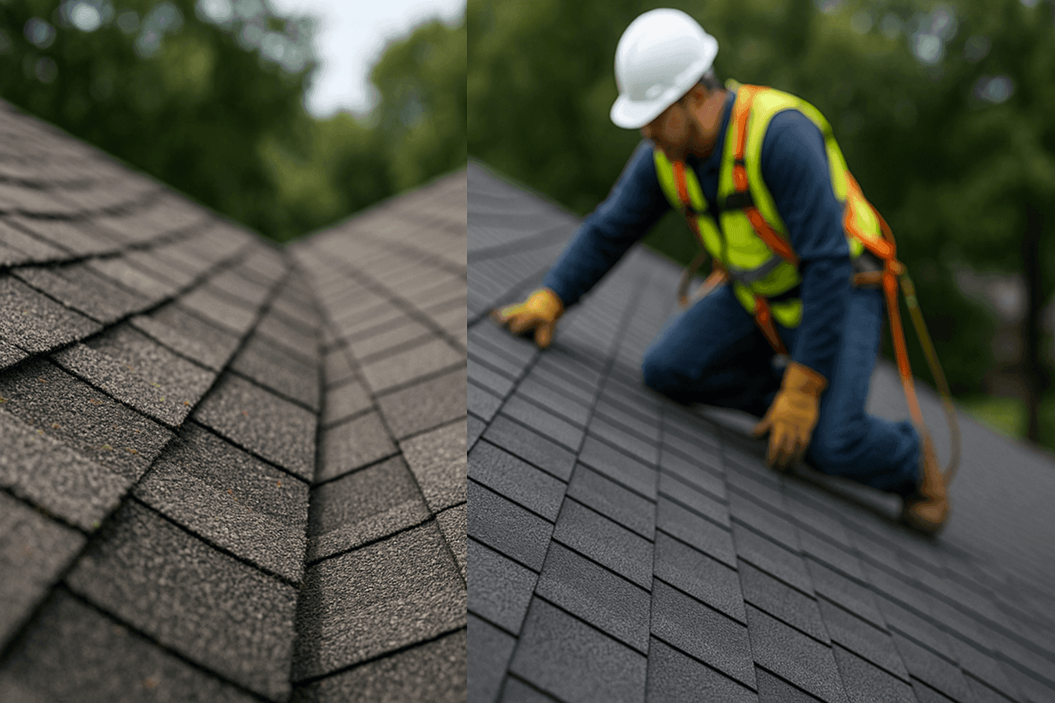 Side-by-side image of old damaged roof and newly installed roof